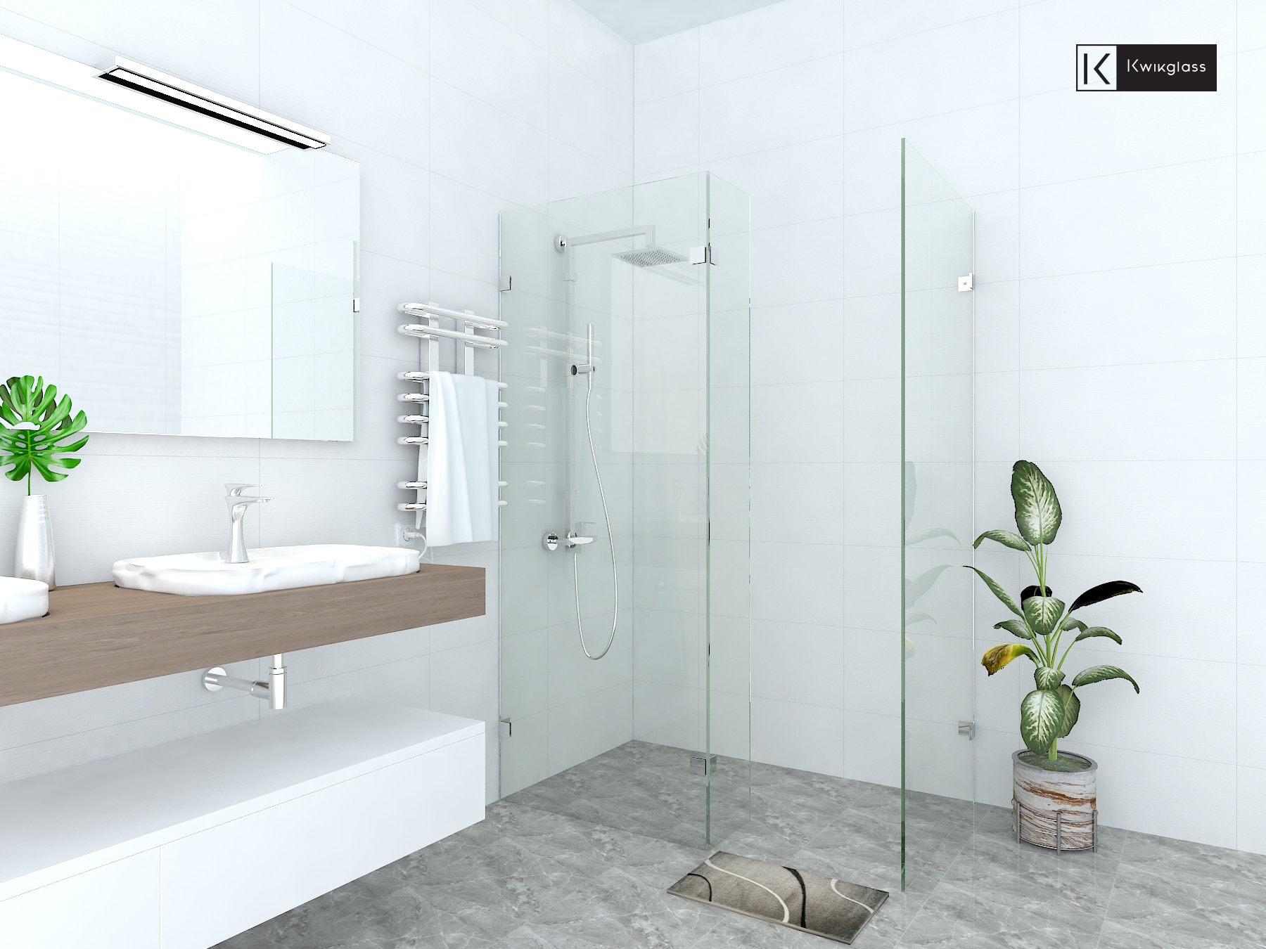 Image presents Walk In Fixed Panel Special Order Corner Frameless Shower Screen