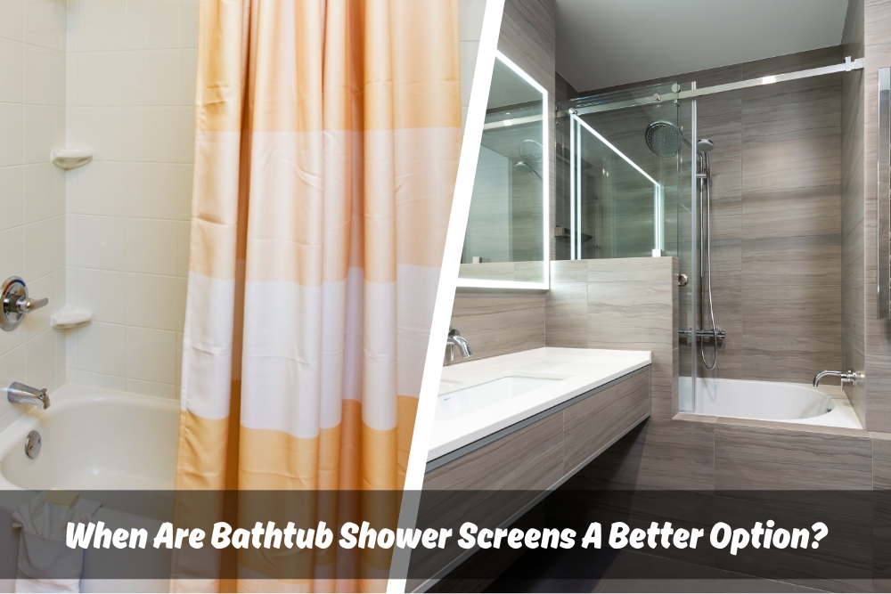 A split image shows a bathtub with an orange an white shower curtain on one side and sleek shower screens with a modern bathroom on the other. This effectively highlights the aesthetic improvement shower screens can provide.